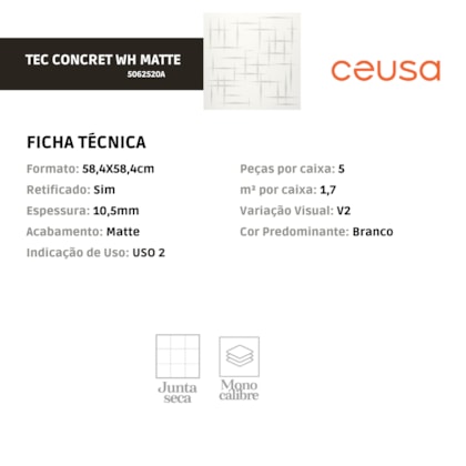 Porcelanato Ceusa Tec Concret Wh Matte 58,4x58,4cm Retificado 
