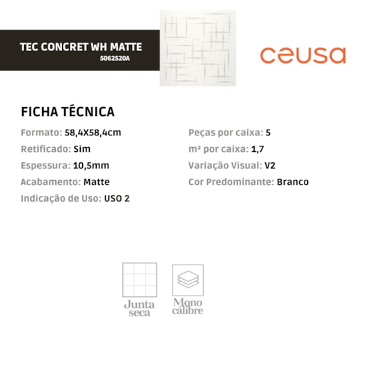 Porcelanato Ceusa Tec Concret Wh Matte 58,4x58,4cm Retificado  - Imagem principal - 71cfbcd6-f370-469c-bbdb-32efff20d83a