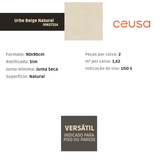 Porcelanato Ceusa Urbe Beige Natural 90x90cm Retificado - Imagem principal - 1bcba681-1f4d-4809-8358-f86b91160d13