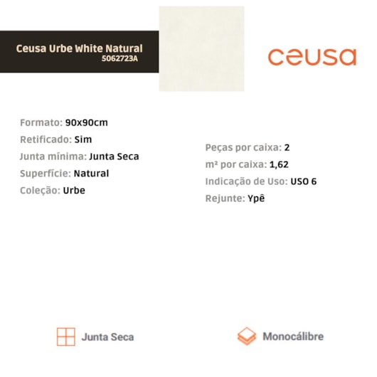 Porcelanato Ceusa Urbe White Natural 90x90cm Retificado - Imagem principal - 8e4d22a2-3ee4-43ec-aef9-371109a9e36b