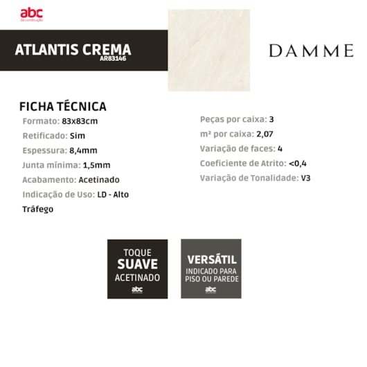 Porcelanato Damme Atlantis Crema Acetinado 83x83cm Retificado - Imagem principal - 47d1d2a1-5b27-4ab1-86a8-501663c1948b