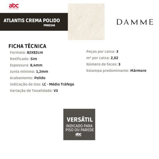 Porcelanato Damme Atlantis Crema Polido 82x82cm Retificado - Imagem principal - 797d10df-f460-4f08-9cad-694ec24a2c5b