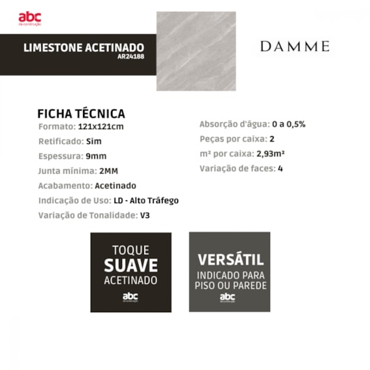 Porcelanato Damme Limestone Acetinado 121x121cm Retificado - Imagem principal - 926820b4-8a9e-4c32-b08e-795cb870570a