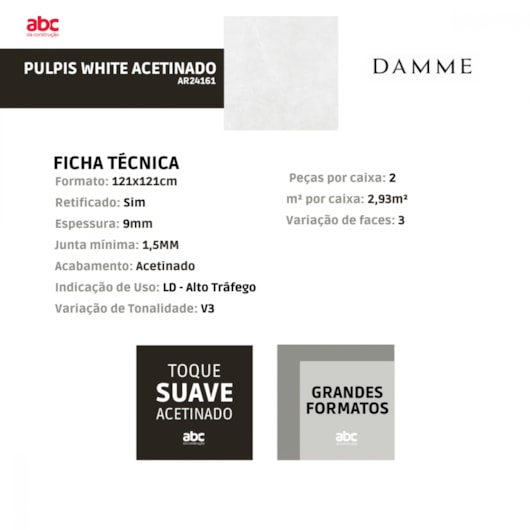 Porcelanato Damme Pulpis White Acetinado 121x121cm Retificado - Imagem principal - eb7bd4ce-d632-4e36-9a04-9950133e13e1