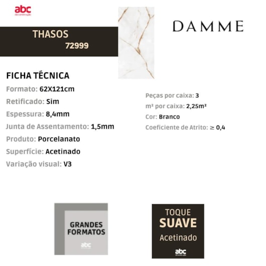 Porcelanato Damme Thasos Acetinado 62x121cm Retificado - Imagem principal - faca9178-22e5-4ea9-9ecb-5360e9a47560
