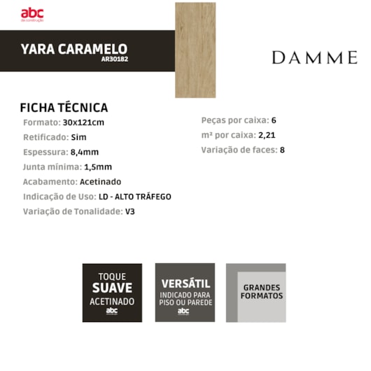 Porcelanato Damme Yara Caramelo Acetinado 30x121cm Retificado - Imagem principal - 6a13d359-32f0-453f-994a-a545f27d7277