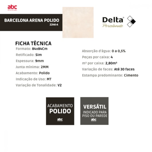 Porcelanato Delta Barcelona Arena Polido Bege 84x84cm Retificado  - Imagem principal - be711c38-59ba-4fe6-a231-0920fb4d7f04