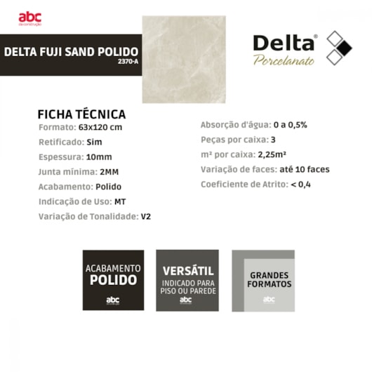 Porcelanato Delta Fuji Sand Pedra Polido 63x120cm Retificado  - Imagem principal - cb31407b-80f3-49f0-a9fb-1d03dc94b88d