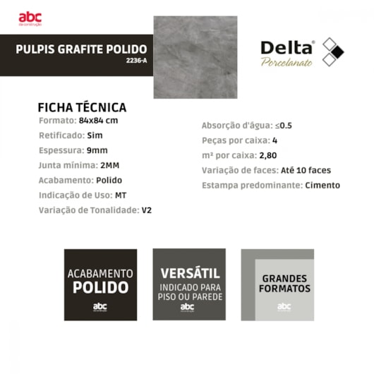 Porcelanato Delta Pulpis Grafite Polido Cinza 84x84cm Retificado  - Imagem principal - 7416cc9d-35a5-4bea-9c51-72bc19ff025f