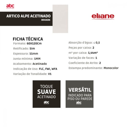 Porcelanato Eliane Artico Alpe Acetinado 60x120cm Retificado - Imagem principal - 78c96912-8d49-4a43-a8fb-6c4ddf0d00a7