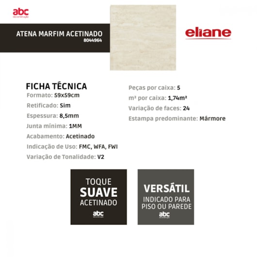 Porcelanato Eliane Atena Marfim Acetinado 59x59cm Retificado - Imagem principal - 31f06796-117b-4a23-a042-a4bc9d823dfb