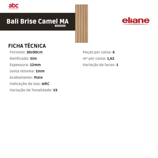 Porcelanato Eliane Bali Brise Camel Mate 30x90cm Retificado - Imagem principal - 4ea13e27-6f55-49a3-bd7f-95e5b9ff654e