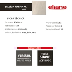 Porcelanato Eliane Belgium Marfim Acetinado 90x90cm Retificado