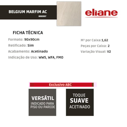 Porcelanato Eliane Belgium Marfim Acetinado 90x90cm Retificado
