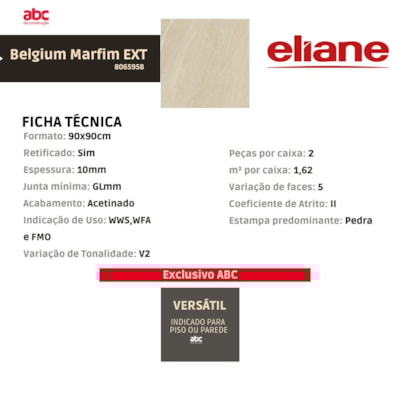 Porcelanato Eliane Belgium Marfim Externo 90x90cm Retificado