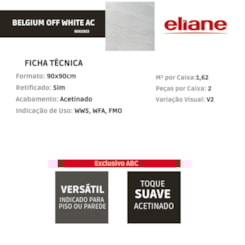 Porcelanato Eliane Belgium Off White Acetinado 90x90cm Retificado