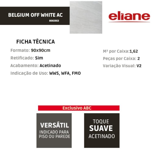 Porcelanato Eliane Belgium Off White Acetinado 90x90cm Retificado - Imagem principal - 6b8231e2-de48-4e48-96d8-9577f3167652