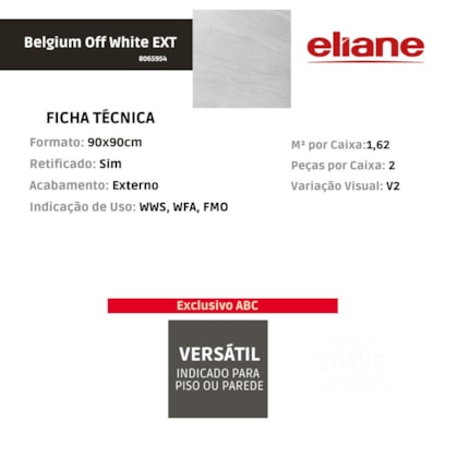 Porcelanato Eliane Belgium Off White Externo 90x90cm Retificado