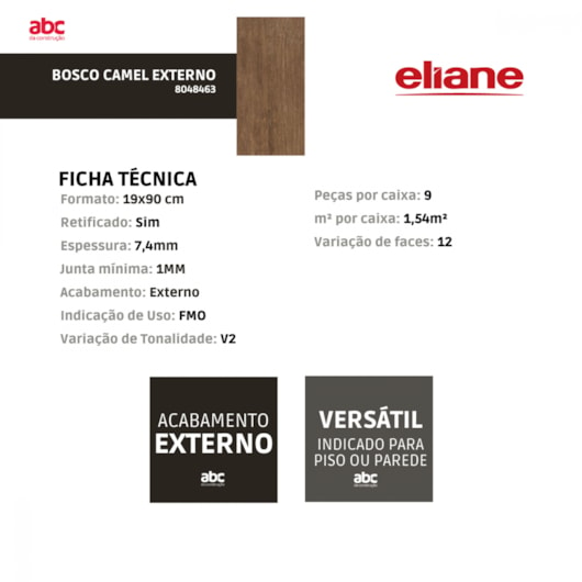 Porcelanato Eliane Bosco Camel Externo 19x90cm Retificado - Imagem principal - 0886e406-0435-431c-babf-e9d32d6a53b4