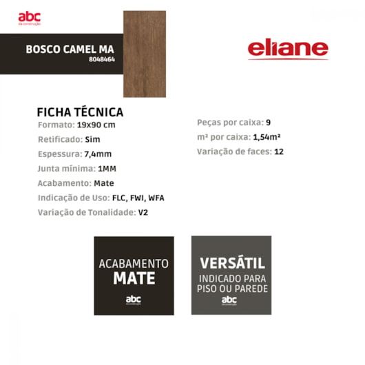 Porcelanato Eliane Bosco Camel Ma 19x90cm Retificado - Imagem principal - 5d514b34-70f6-401c-83c5-dc72f40bab65