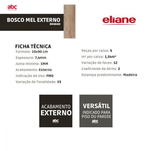 Porcelanato Eliane Bosco Mel Externo 19x90cm Retificado - Imagem principal - 4716a31a-a1f1-4132-8968-72fe87803552