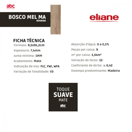 Porcelanato Eliane Bosco Mel Mate 19x90cm Retificado - Imagem principal - 7f7b0ca2-39eb-42cf-a3ac-1fa47d1c7398