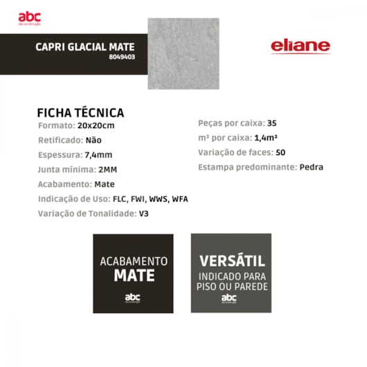 Porcelanato Eliane Capri Glacial Mate 20x20cm Bold - Imagem principal - 04db293d-4f56-4afb-a5b6-34e77ee36f2c