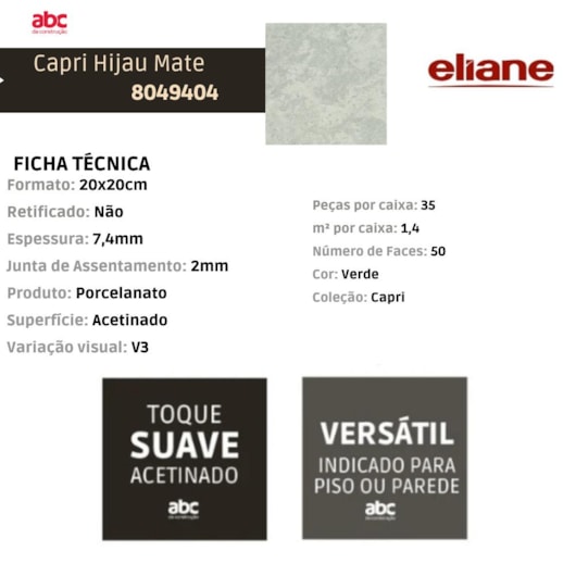 Porcelanato Eliane Capri Hijau Mate 20x20cm Bold - Imagem principal - 8fd65311-35cf-4d71-a35a-edbcad5badac