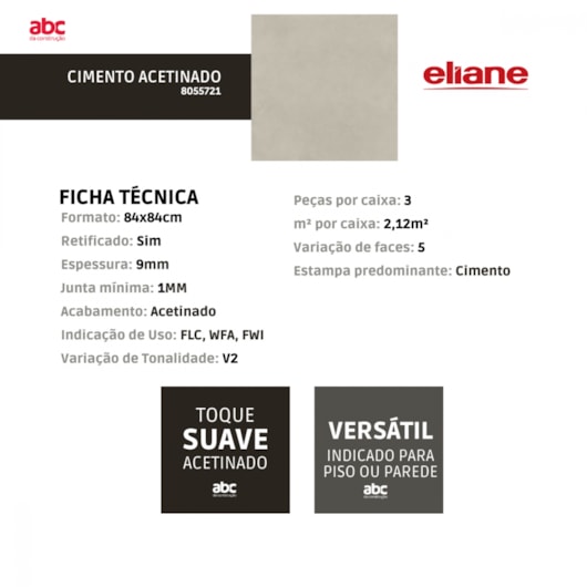 Porcelanato Eliane Cimento Acetinado 84x84cm Retificado - Imagem principal - 12dc87f2-94e0-4d85-9167-2b1f926dfebe