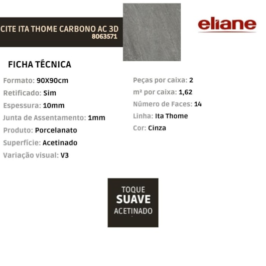Porcelanato Eliane Cite Ita Thome Carbono 3D Acetinado 90x90cm Retificado - Imagem principal - 9fb0e02e-d22c-4c88-9692-94b10b0518fb