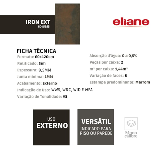 Porcelanato Eliane Iron Externo 60x120cm Retificado - Imagem principal - 509733f9-b83d-43d1-b57d-401ef7a8858f