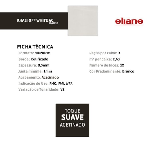 Porcelanato Eliane Khali Off White Acetinado 90x90cm Retificado - Imagem principal - 4b7ca7a4-af75-4328-a4a3-28392364ef55