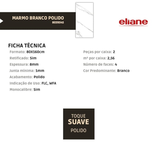 Porcelanato Eliane Marmo Branco Polido 80x160cm Retificado - Imagem principal - f717c577-b8a3-416a-933f-df635cf9cfec