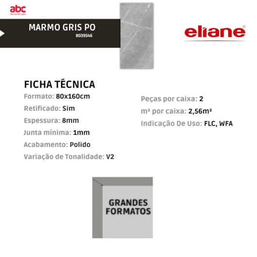 Porcelanato Eliane Marmo Gris Polido Cinza 80x160cm Retificado - Imagem principal - 13e15dc1-4455-4a90-b349-65c1d3cbd3fe