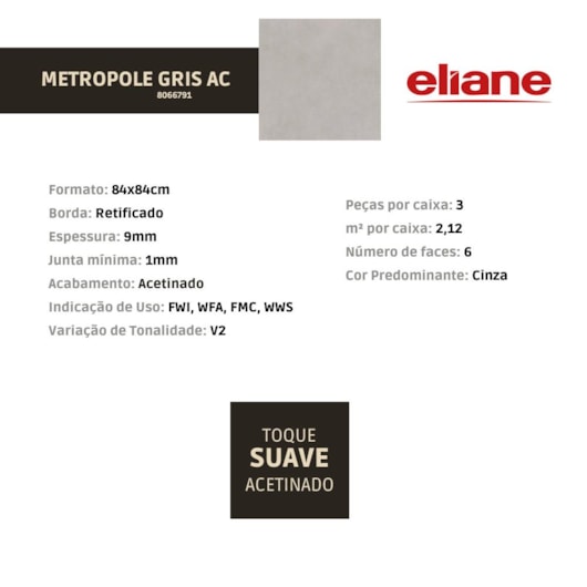 Porcelanato Eliane Metropole Gris Acetinado 84x84cm Retificado - Imagem principal - bda94380-27da-40c4-b800-b00030283531