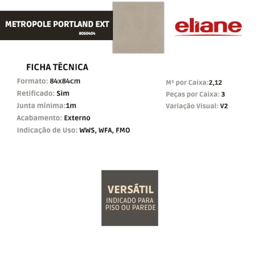 Porcelanato Eliane Metropole Portland Externo 84x84cm Retificado - Imagem principal - 80569e27-e7b9-44d6-a8aa-c66413680e2a