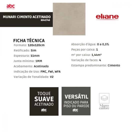 Porcelanato Eliane Munari Cimento Acetinado 120x120cm Retificado - Imagem principal - 42d74cf4-a1d1-4d6d-8a80-b22ca7db3809