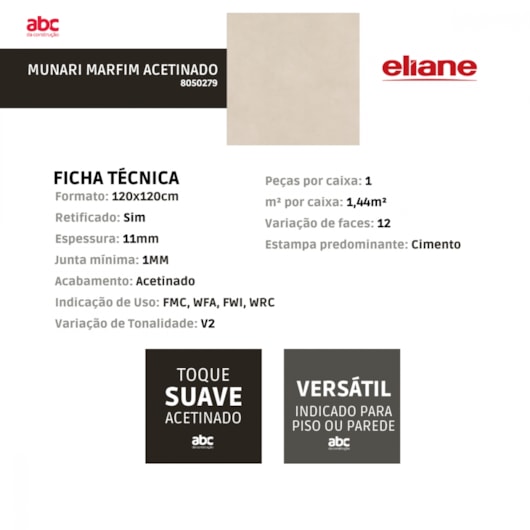 Porcelanato Eliane Munari Marfim Acetinado 120x120cm Retificado  - Imagem principal - e4316775-1026-4042-a458-502003220acb