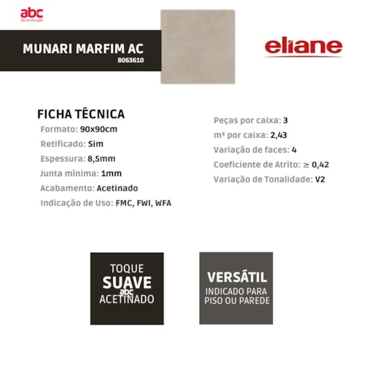 Porcelanato Eliane Munari Marfim Acetinado 90x90cm Retificado - Imagem principal - 5d586f99-5482-4bec-8ba7-6cd162426b5b