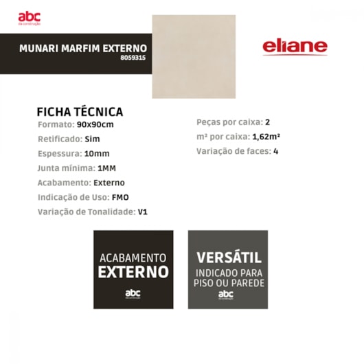 Porcelanato Eliane Munari Marfim Externo 90x90cm Retificado - Imagem principal - e22a615f-9c3f-4913-b03a-1a0d03ebd2ff