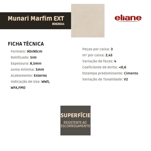 Porcelanato Eliane Munari Marfim Externo 90x90cm Retificado - Imagem principal - 80a122fe-3b67-4376-8fd7-76fec350458d