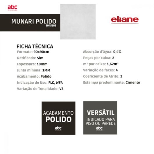 Porcelanato Eliane Munari Polido 90x90cm Branco Retificado  - Imagem principal - 303548f4-c0d4-4886-a3cc-e18ba3cc542b