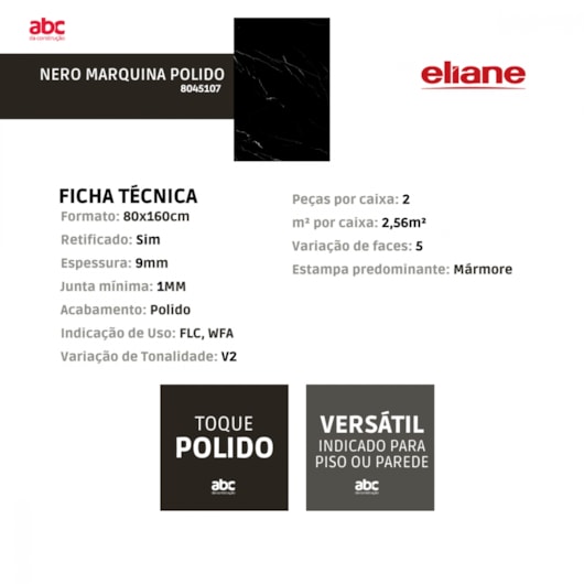 Porcelanato Eliane Nero Marquina Polido 80x160cm Retificado  - Imagem principal - 312cbf7c-9f3c-4b87-9ef0-8bdb13b0f3d1