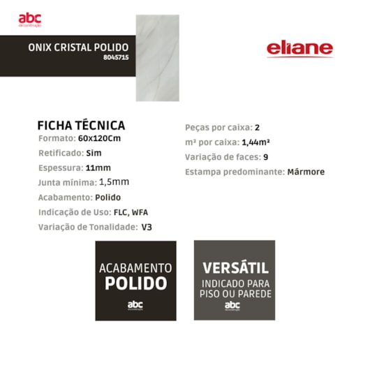 Porcelanato Eliane Onix Cristal Polido 60x120cm Retificado - Imagem principal - 03cc6a64-e6b2-4e63-a9a3-72ba659977cf