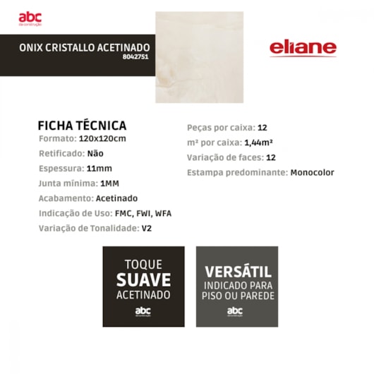 Porcelanato Eliane Onix Cristallo Acetinado Mármore 120x120cm Retificado  - Imagem principal - 60a2cd51-28e8-4444-9baf-e301edd1e461