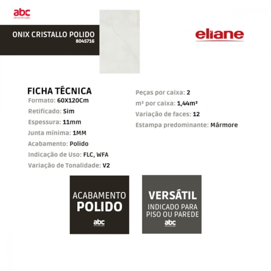 Porcelanato Eliane Onix Cristallo Polido 60x120cm Retificado - Imagem principal - 1ecdb2fb-fbce-4c6e-8520-be8dee7fc60f