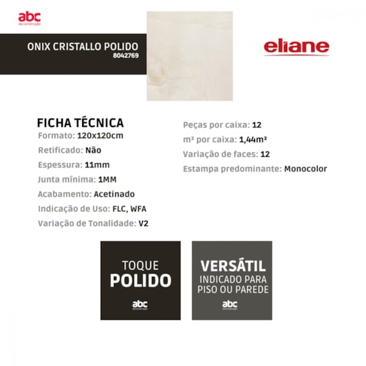 Porcelanato Eliane Onix Cristallo Polido Mármore 120x120cm Retificado  - Imagem principal - d5e9fef0-16b2-400e-86f7-e05002949030