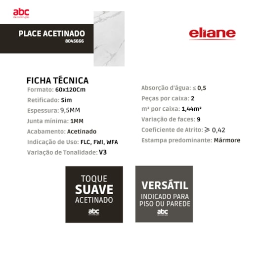 Porcelanato Eliane Place Acetinado 60x120cm Retificado  - Imagem principal - 1904ba59-7b2f-4407-aef1-9ad280765045