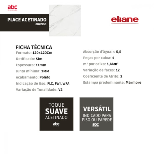 Porcelanato Eliane Place Acetinado Branco 120x120cm Retificado  - Imagem principal - 0624ad01-5af7-4bde-a028-482319c32dd0