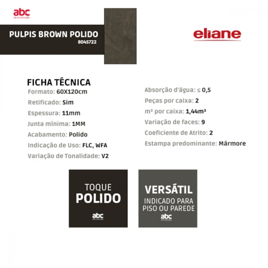 Porcelanato Eliane Pulpis Brown Polido 60x120cm Retificado - Imagem principal - 1b98c677-a23a-438c-9327-84b6b995c7c0